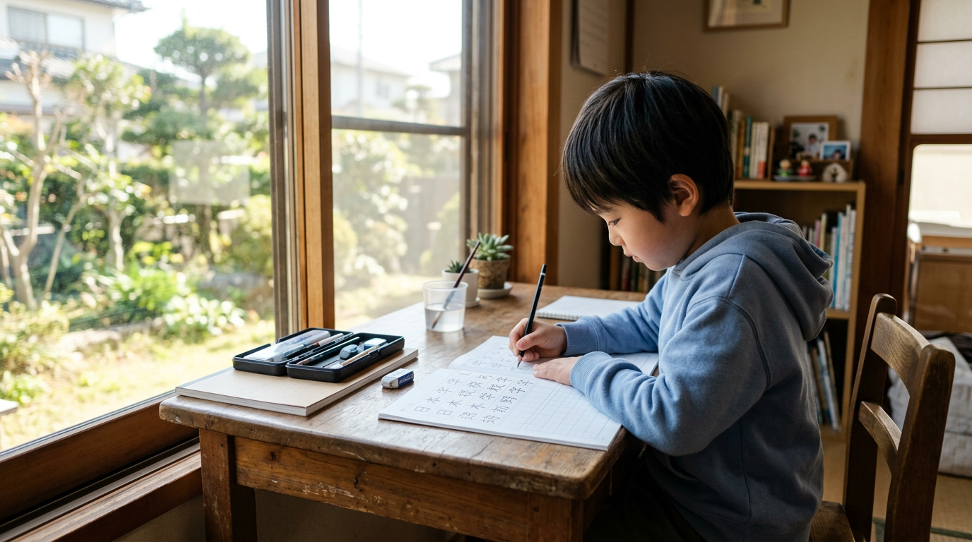 Boy sitting at wooden desk writing Japanese calligraphy in notebook