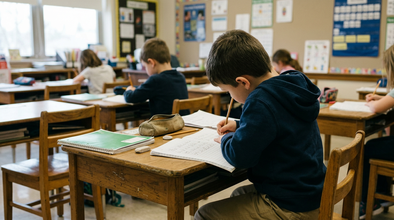 Children sitting at wooden desks writing in notebooks in a classroom