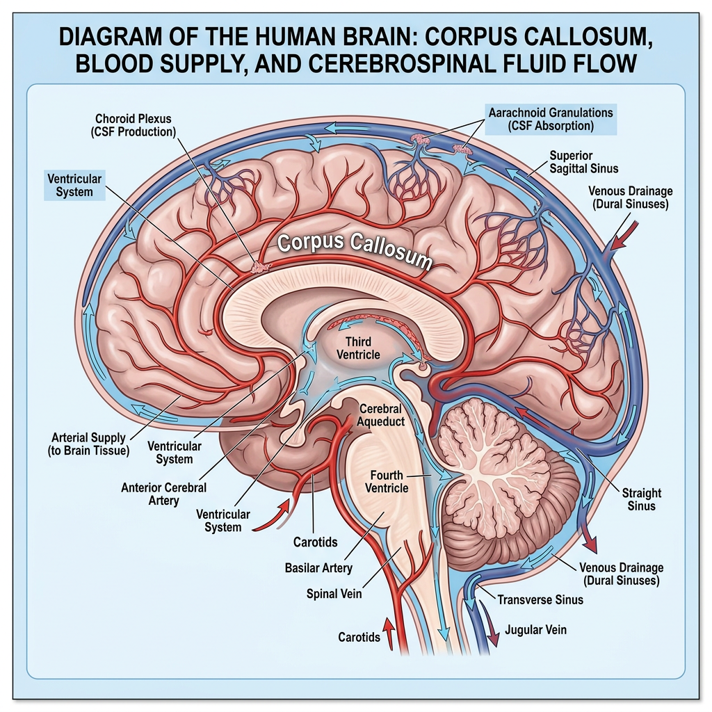 Diagram of human brain with labeled corpus callosum, ventricles, arteries, veins, and cerebrospinal fluid pathways